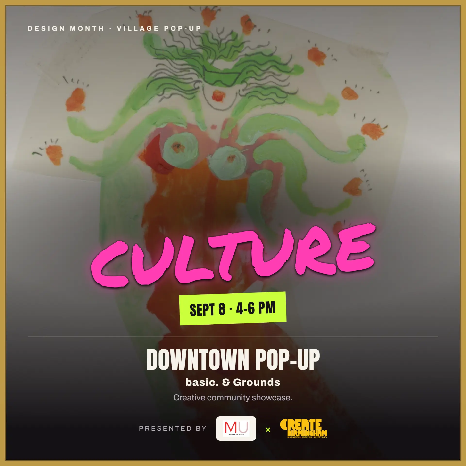 Design Month Culture pop-up flyer — basic. & Grounds, downtown, Sept 8, 4-6 PM